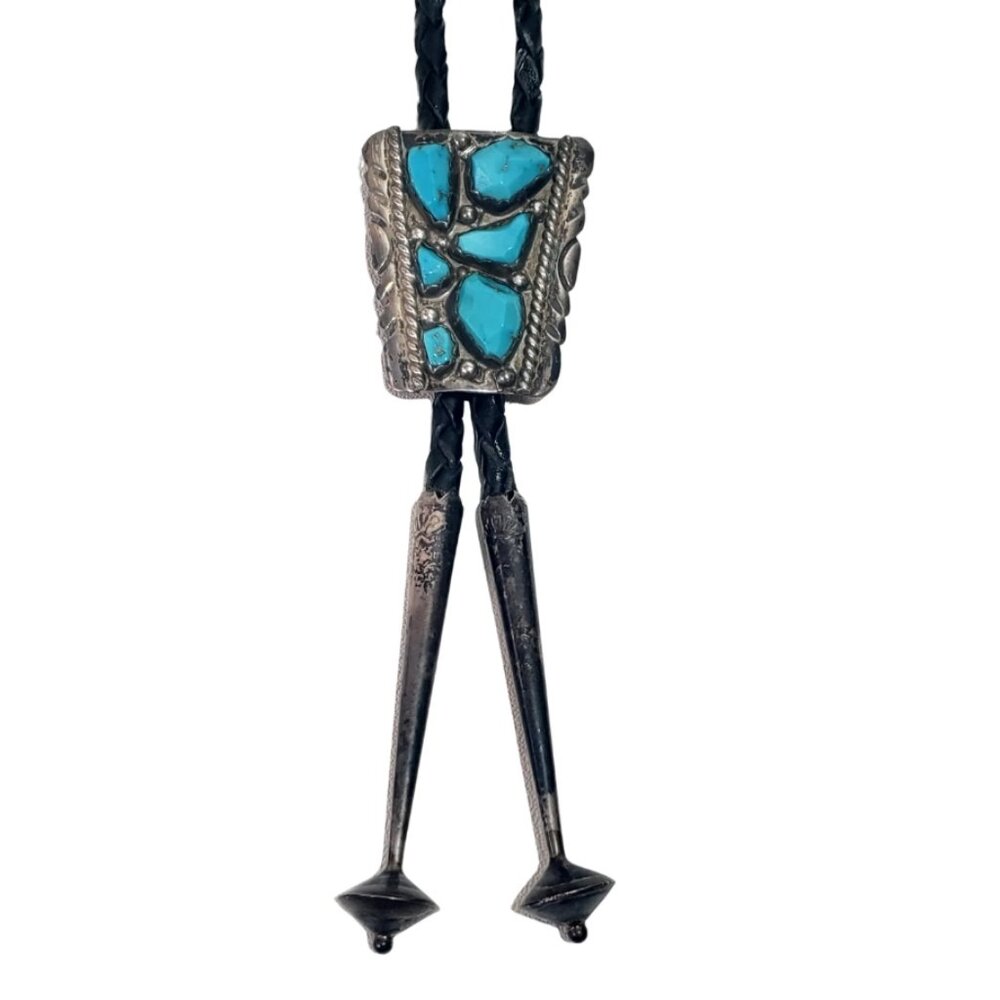 Vintage Native American Zuni Sterling Turquoise Bolo Tie – Signed Wayne C